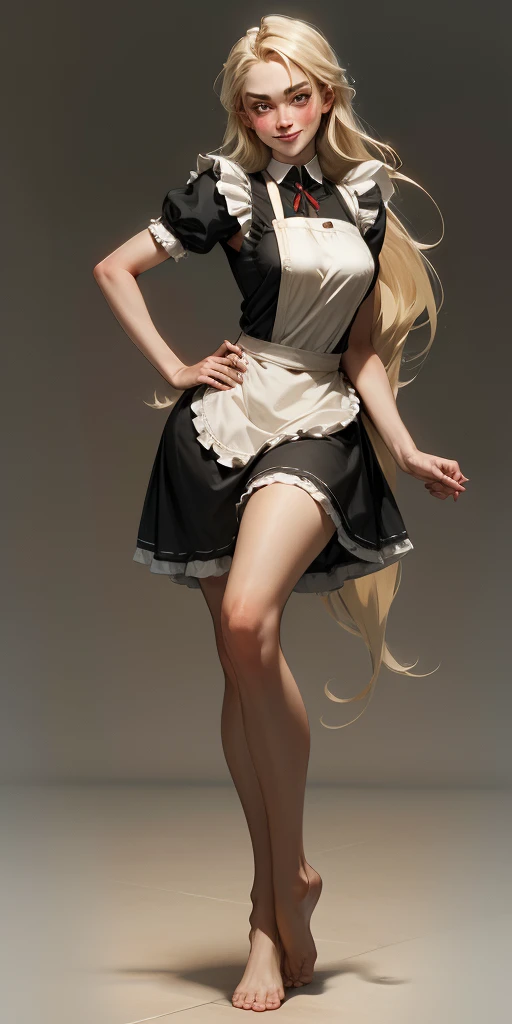 1girl, cute, ((Short black hair girl and long blonde hair girl)), maid victorian, maid apron, straight face, dazed, Body position: Standing, straight, symmetrical, barefoot, Lustful smile on face with red blush,