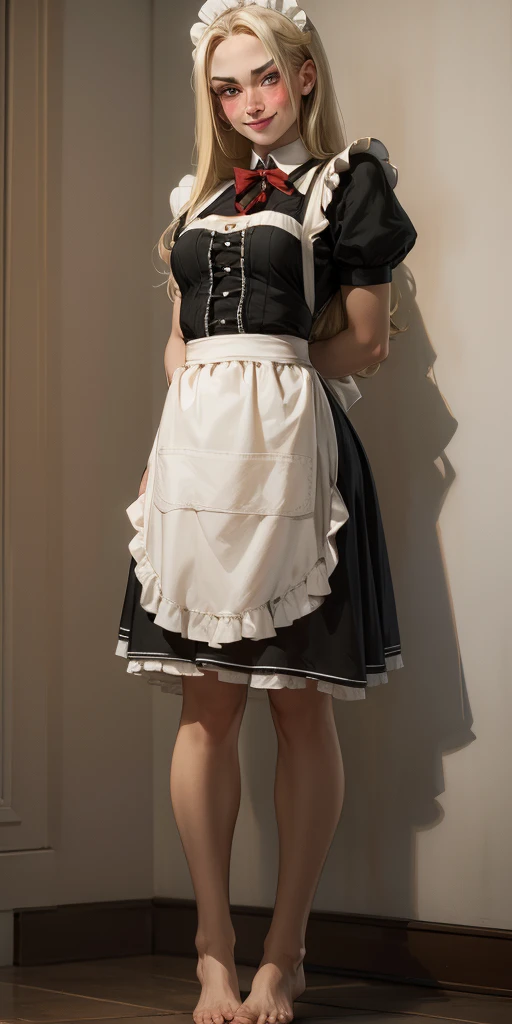 1girl, cute, ((Short black hair girl and long blonde hair girl)), maid victorian, maid apron, straight face, dazed, Body position: Standing, straight, symmetrical, barefoot, Lustful smile on face with red blush,