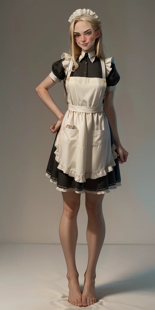 1girl, cute, ((Short black hair girl and long blonde hair girl)), maid victorian, maid apron, straight face, dazed, Body position: Standing, straight, symmetrical, barefoot, Lustful smile on face with red blush,