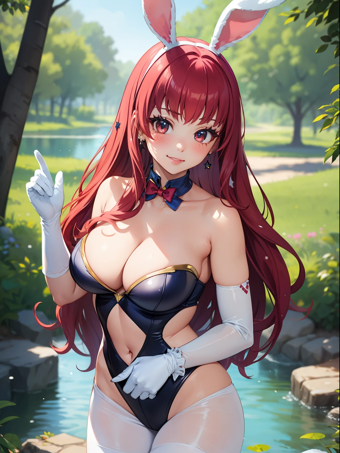 yunaka, star hair ornament, red eyes ,lipstick, blue eye shadow, 1girl, solo, perfect breasts, earrings glossy lips ,looking at viewer, blush, large breasts, nature, pond, trees, park, long white elbow satin gloves, holding, animal ears, cleavage, bare shoulders, jewelry, very l, gentle smile, pantyhose, earrings, fake rabbit ears, leotard, fake animal ears bunny, long white elbow gloves, white gloves, cowboy shot
