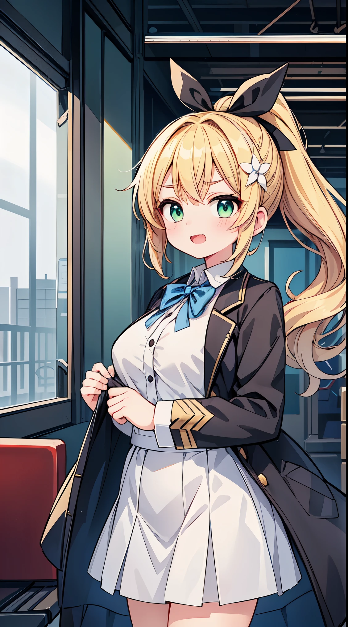 (masterpiece, top quality, best quality, official art, beautiful and aesthetic:1.2),ultra-detailed,intricate details,amazing illustration,award-winning art,atmospheric, 
BREAK, 1 beautiful girl, girl, (cute:1.5),(Little:0.5),(cute:2.0),(change:2.0),(12 year old girl),(big breasts:1.65),(chin hair,blonde,blue bow,green eyes,Eyebrows visible through the hair,side lock,long hair with bangs parted, hair flower, hair ornaments, big ribbon in hair, curly hair, ponytail:1.6),:he, white feathers, one thin white wing, Ang he wings, spread your wings, shining wings),pit \black},glowing skin, beautiful skin, Shining beautiful skin, open your mouth, bashful smile, alone, tooth, upper teeth,(long eyheashes, double eyheids:1.2),alone, glowing skin, beautiful skin, Shining beautiful skin,(highest quality face),(highest quality shining eyes), 
BREAK,
train,station,(a girl), platform, snow, (coat:1.1),Yamanote line, (school uniform:1.2), 
 BREAK,wakame,wakame,wakame,(Cowboy Shot:1.4),

BREAK,(Blurry background:1.3),(absurderes, hight resolution, Super Detail Art),cel shading,Clear Color, Lonely optical effect, Beautiful pictures, Bright glow, mystic atmosphere,(Close-up of girl:1.1), Mystical light particle effect,manga influence, clean line drawings,