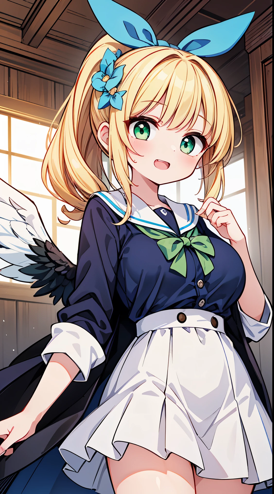 (masterpiece, top quality, best quality, official art, beautiful and aesthetic:1.2),ultra-detailed,intricate details,amazing illustration,award-winning art,atmospheric,
BREAK, 1 beautiful girl, girl, (cute:1.5),(Little:0.5),(cute:2.0),(change:2.0),(12 year old girl),(big breasts:1.65),(chin hair,blonde,blue bow,green eyes,Eyebrows visible through the hair,side lock,long hair with bangs parted, hair flower, hair ornaments, big ribbon in hair, curly hair, ponytail:1.6),:he, white feathers, one thin white wing, Ang he wings, spread your wings, shining wings),pit \black},glowing skin, beautiful skin, Shining beautiful skin, open your mouth, bashful smile, alone, tooth, upper teeth,(long eyheashes, double eyheids:1.2),alone, glowing skin, beautiful skin, Shining beautiful skin,(highest quality face),(highest quality shining eyes),
BREAK,
train,station,(a girl), platform, snow, (coat:1.1),Yamanote line, (school uniform:1.2),
BREAK,wakame,wakame,wakame,(Cowboy Shot:1.4),
BREAK,(Blurry background:1.3),(absurderes, hight resolution, Super Detail Art),cel shading,Clear Color, Lonely optical effect, Beautiful pictures, Bright glow, mystic atmosphere,(Close-up of girl:1.1), Mystical light particle effect,manga influence, clean line drawings,
