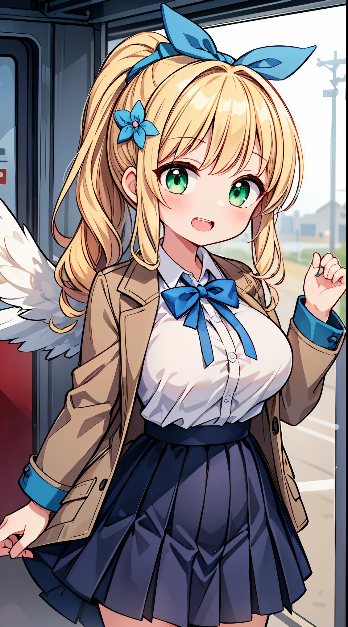 (masterpiece, top quality, best quality, official art, beautiful and aesthetic:1.2),ultra-detailed,intricate details,amazing illustration,award-winning art,atmospheric,
BREAK, 1 beautiful girl, girl, (cute:1.5),(Little:0.5),(cute:2.0),(change:2.0),( girl),(big breasts:1.65),(chin hair,blonde,blue bow,green eyes,Eyebrows visible through the hair,side lock,long hair with bangs parted, hair flower, hair ornaments, big ribbon in hair, curly hair, ponytail:1.6),:he, white feathers, one thin white wing, Ang he wings, spread your wings, shining wings),pit \black},glowing skin, beautiful skin, Shining beautiful skin, open your mouth, bashful smile, alone, tooth, upper teeth,(long eyheashes, double eyheids:1.2),alone, glowing skin, beautiful skin, Shining beautiful skin,(highest quality face),(highest quality shining eyes),
BREAK,
train,station,(a girl), platform, snow, (coat:1.1),Yamanote line, (school uniform:1.2),
BREAK,wakame,wakame,wakame,(Cowboy Shot:1.4),
BREAK,(Blurry background:1.3),(absurderes, hight resolution, Super Detail Art),cel shading,Clear Color, Lonely optical effect, Beautiful pictures, Bright glow, mystic atmosphere,(Close-up of girl:1.1), Mystical light particle effect,manga influence, clean line drawings,