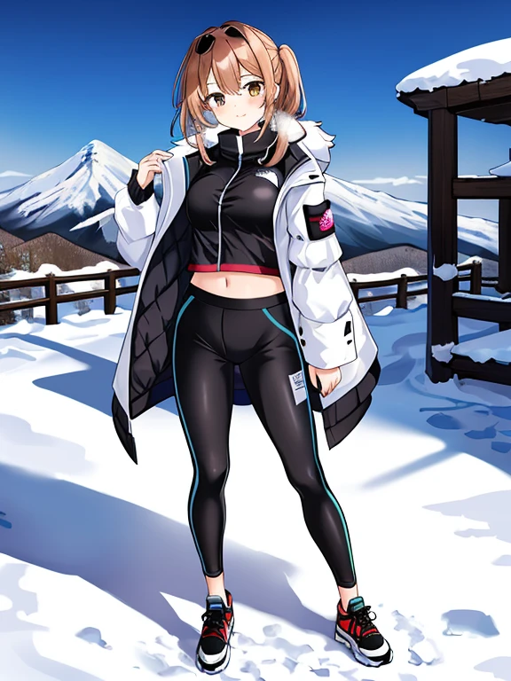 very detailed、masterpiece、(snow mountain background):1.3、a woman in a (white down vest at northface):1.4, white puffer vest and black pants posing for a picture, model is wearing techtical vest, sportswear, sportswear, かわいいsportswear, nanocarbon-vest, white!!, white coat, tech wear women pictures, 2 techwear women, catalog photo, stylish coat for rave, full body photo, future inflatable jacket, Miko, Kim Woo