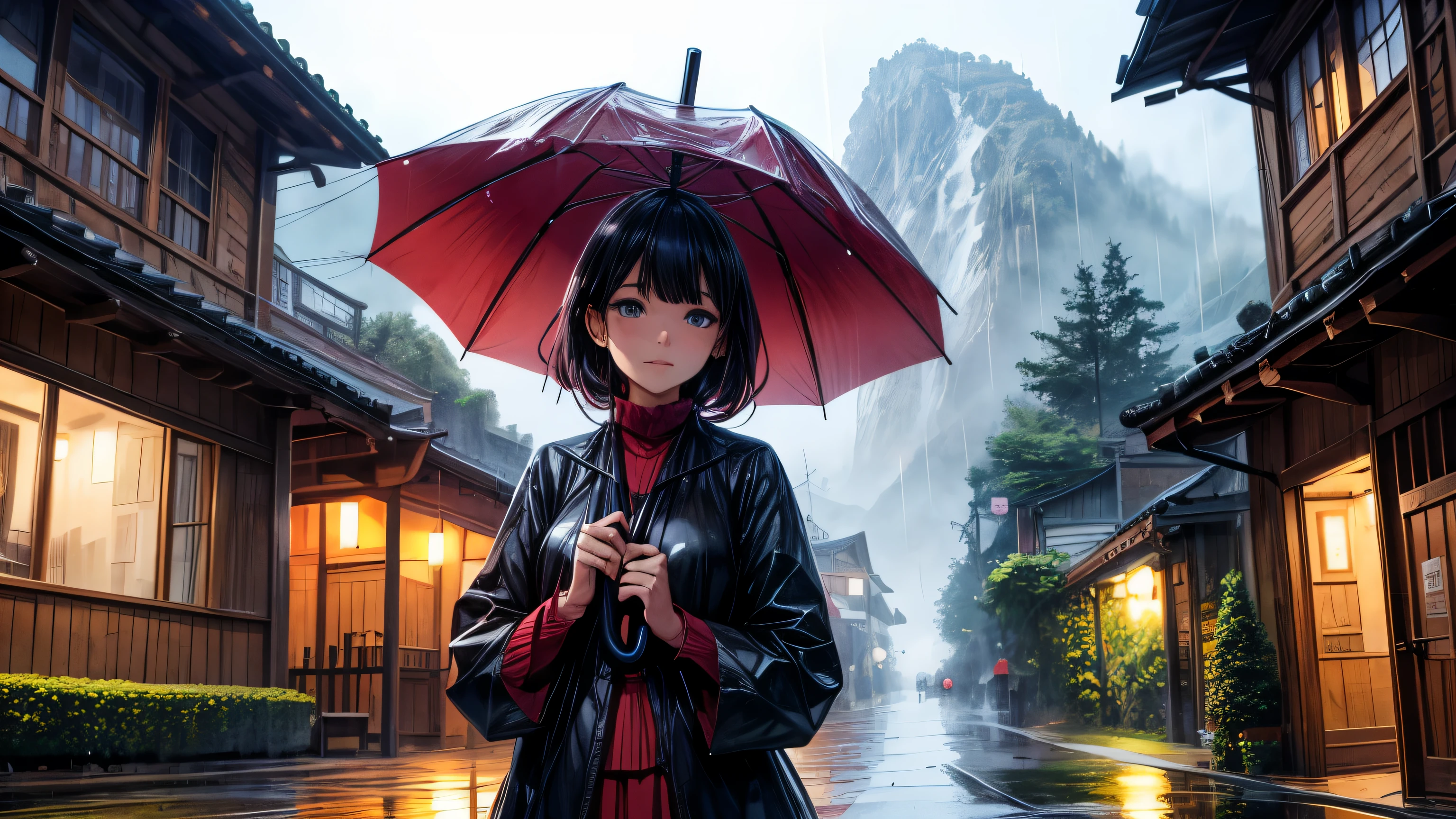 woman holding umbrella in rainy mountain town