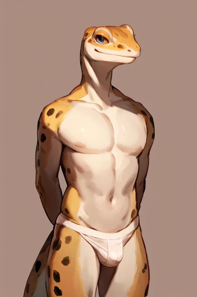 best quality,ultra-detailed,realistic,(portrait,photo-realistic:1.37),(furry:1.1),(anthro:1.1),solo,Gecko,standing,male,beautiful detailed eyes,beautiful detailed lips,long eyelashes,hands behind back,wearing underwear,simple background,front view,by bebebebebe,by buta99,by inu-sama
