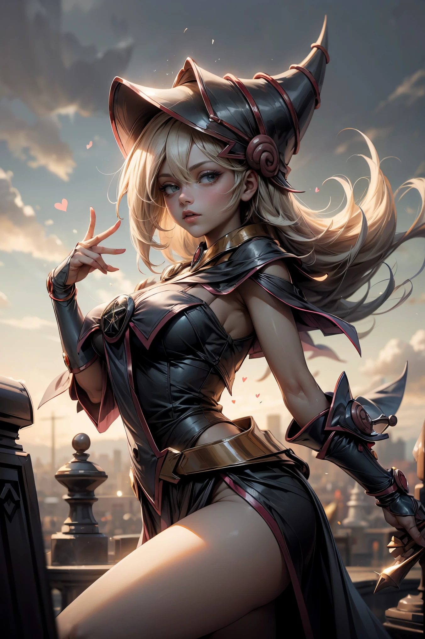 (Obra maestra:1.2), (La mejor calidad:1.2), Perfect lighting, Chica Maga Oscura lanzando un hechizo, In his twenties, flotando en el aire, tetas grandes, escote, blue robe, sombrero grande, desde arriba, Destellos, Yugioh juego, Magic of the Heart. Heart lights, Romantic Heart