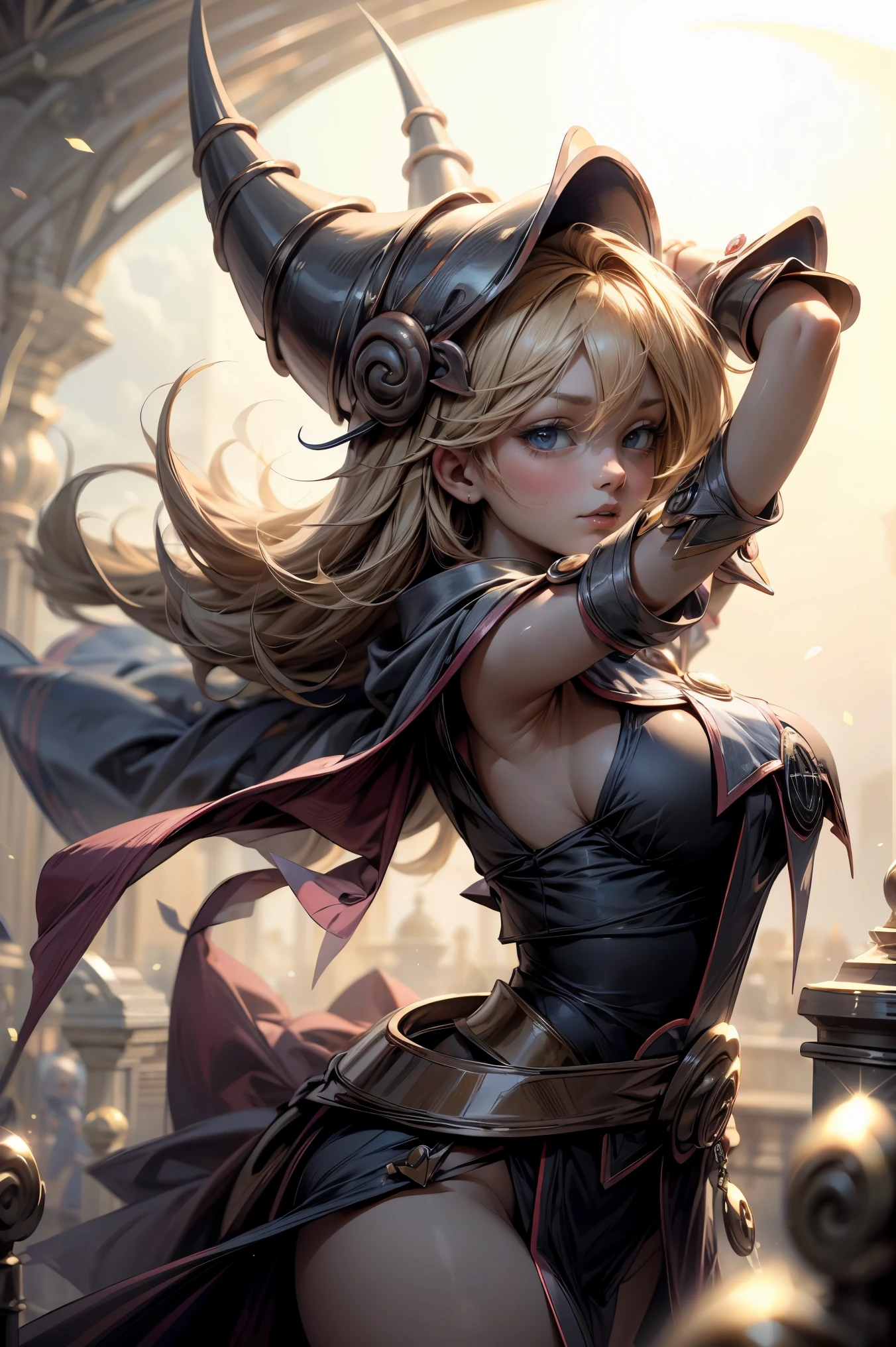 (Obra maestra:1.2), (La mejor calidad:1.2), Perfect lighting, Chica Maga Oscura lanzando un hechizo, In his twenties, flotando en el aire, tetas grandes, escote, blue robe, sombrero grande, desde arriba, Destellos, Yugioh juego, Magic of the Heart. Heart lights, Romantic Heart