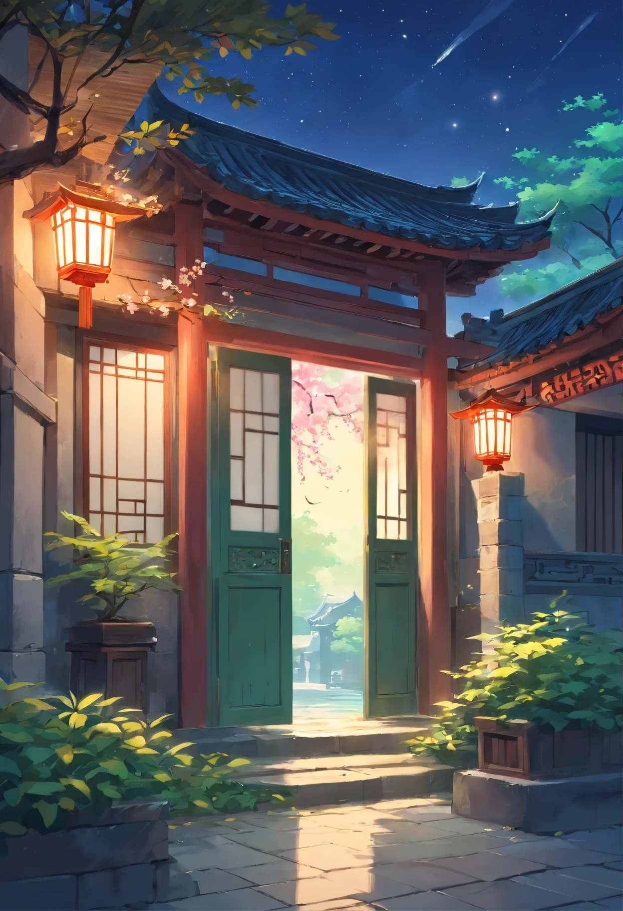 Antique Game Scene Design,A corner of Jiangnan Ancient Town,黒いnight空,night,starry sky,lanthanum,Big tree,Floral,Flowers on the bush,Trees bloom,Sakura architecture,Antique carved door beam,Chinese ink painting OC rendering sculpture