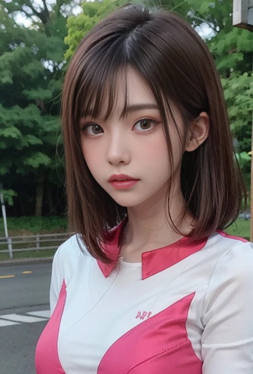 ((PinkRanger, EnakoV1)), 1girl, A beautiful 20 years old Japanese girl, Angelic, cute face,
Beautiful detailed eyes, 
(Large eyes:1.3),long eyelashes,
see-through bangs,
(beautiful detailed face and eyes:1.4), 
Beautiful short dark hair, beautiful smile,
(Best Quality:1.2),
Raw photo, 
High resolution, 
perfect detail, 
Professional Photography, 
Professional Lighting, (Metallic coral magenta and White Hero Suit:1.3), Ultra-tight fit bodysuit, Belt, Huge breasts, Beautiful legs, Strong lighting of the bodysuit,in the park, sexy figure:1.2, half body portrait