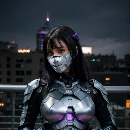 A woman in her thirties wore a black robot suit with purple lights made of metal and held a sharp weapon with a purple mask. She has black hair in a knot. The woman ran up the wall of the sky building.This in 2077.(((DETIAL face look))).(((detial background))).((she is holding a sharp wapon))
