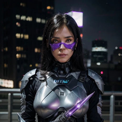 A woman in her thirties wore a black robot suit with purple lights made of metal and held a sharp weapon with a purple mask. She has black hair in a knot. The woman ran up the wall of the sky building.This in 2077.(((DETIAL face look))).(((detial background))).((she is holding a sharp wapon))