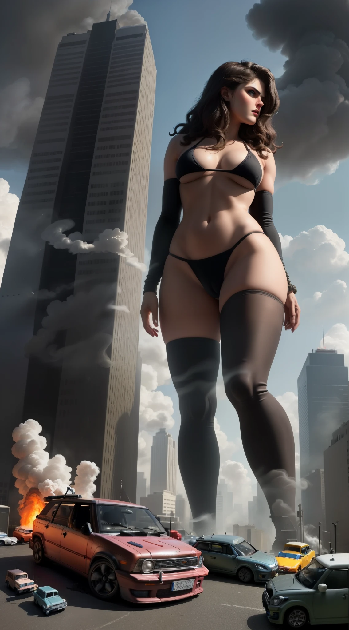 an Alexandra Daddario, a giant who squeezed a building, damaged the roof of the building, damaged the tower, Alexandra Daddario, a towering female giant with a cruel and brutal hippie style,micro bikini, sexy body, body fit,  is squeezing a building, unique bikini, her sexy and athletic body shape suggests she has great strength. micro bikini, She seemed to be standing naugty stepping on cars and the bustling city of GTS City, as towering buildings loomed above her. Smoke and clouds roiled all around, adding to the sense of epic scale and drama. The lighting is dark, gloomy and realistic, great leg detail, perfect leg detail, the car exploding on top of the leg, creating a tense and ominous atmosphere. The perspective is from below, emphasizing the majesty and power of the Giant." nice crotch, sexy crotch, hot crotch, voluptuous crotch, ((8k)), ( fire explosions at his feet:1.5, realism miniature cars at his feet:1.5, good leg anatomy:1.7, buildings emitting thick smoke:1.2 ) ((realistic miniature cars:1.5)), good face, nice ace, good eyes, good nose, good lips, alexandra daddario faces