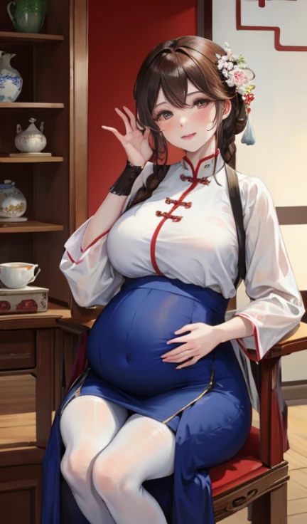 masterpiece, best quality, married woman,pregnant, aldult, Chinese style, China, elder sister, Smile, brown hair, princess cut, Single braid,white pantyhose,Full of motherhood,Chinese style婚礼服,pure,blush,Dignified yet lively,Mother,Place your hands on your stomach,Full of motherhood,Sexy,charming,a thousand flavors