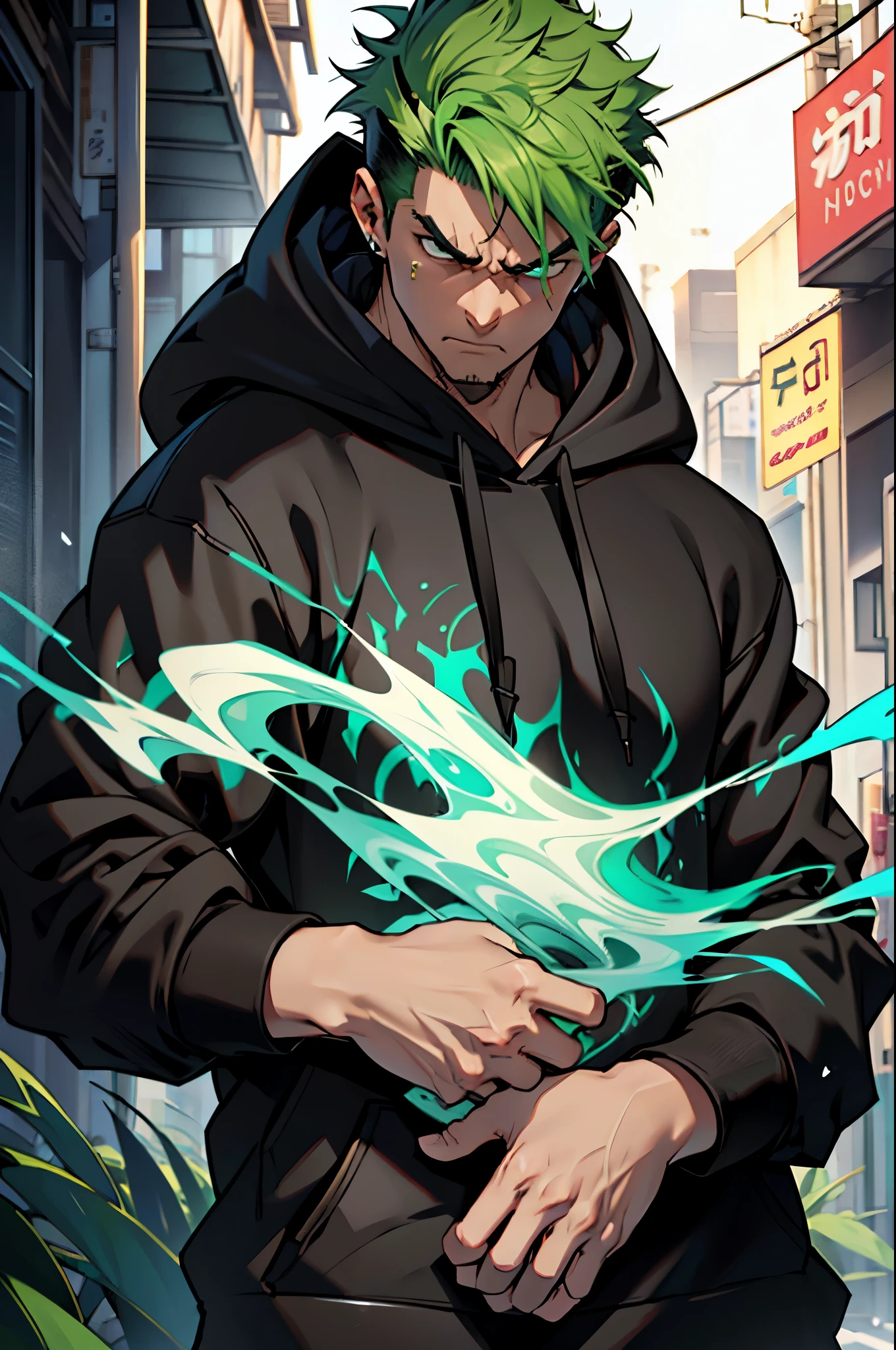 4k, Super Graphics, boy, solo, green hair, short hair, hair combed back, angry face, Frowning, Broad-shouldered, (black hoodie:1.4), (fume from mouth:1.4)