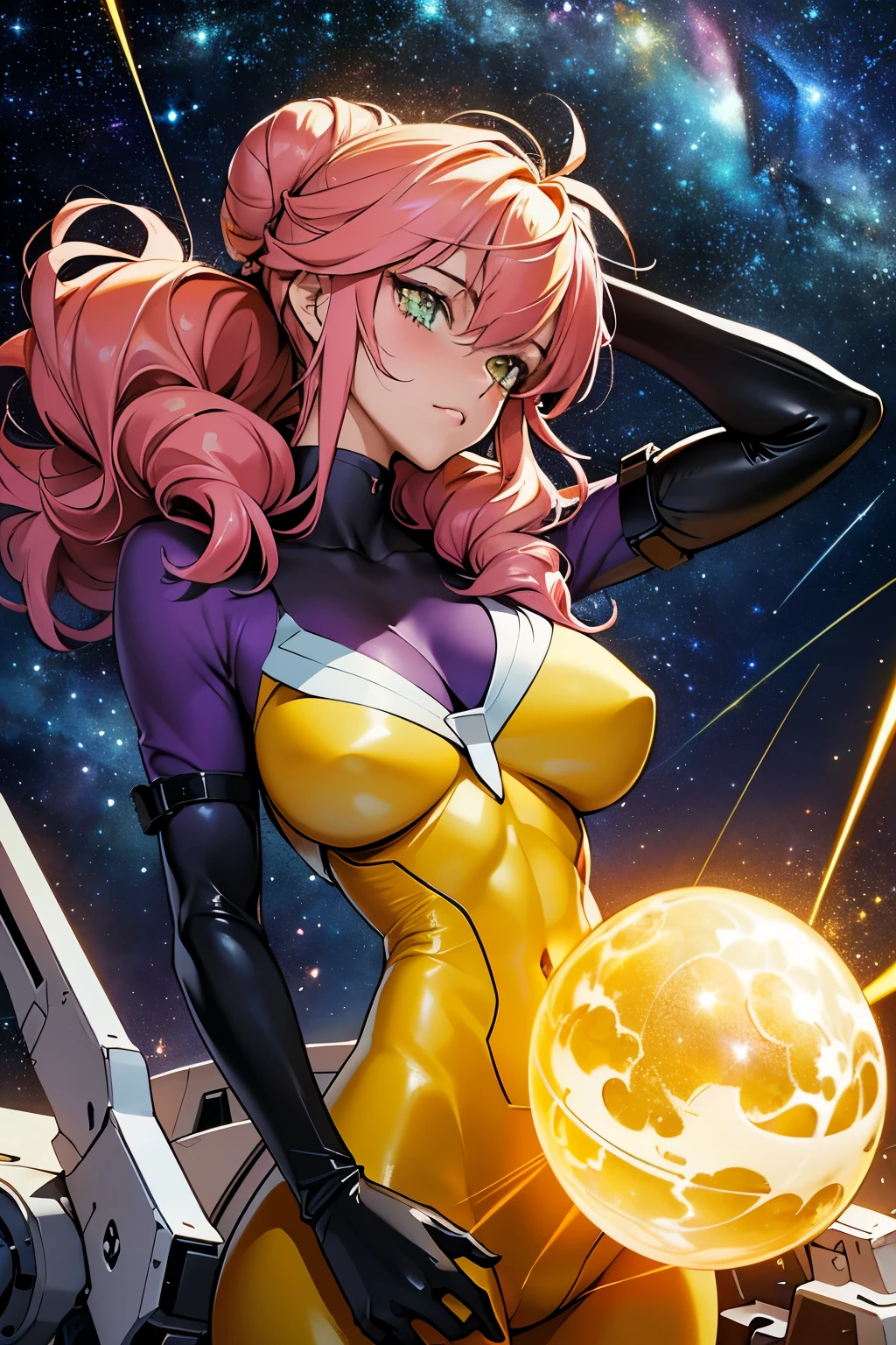 (masterpiece, top quality), (medium),official art, beautiful and aesthetic:1.2),(feldt:1.3), (fractal art:1.3),upper body, gundam00, pink hair, ((yellow bodysuit)), from side, (slendered abs:1.2), looking at viewer,(((starry sky))), stars in the background, purple shoulders,((black gloves)),((gigantic breasts:1.5)), (drill hair buns),((ultra detail eyes:1.5)),((extremely detailed CG unity 8k wallpaper,masterpiece, best quality)), ((ultra-detailed:1.5)),(best illumination, best shadow, an extremely delicate and beautiful),(extremely detailed CG unity 8k wallpaper,masterpiece, best quality, ultra-detailed),(best illumination, short hair, best shadow, an extremely delicate and beautiful),(perfect body: 1.5),(masterpiece), digital art, otherworldly, a burst of color, explosive energy, chaotic beauty, (hair flowing:1.2, hair glowing), (background: broken, shattered, fractured), (light: flickering, pulsating, radiating).