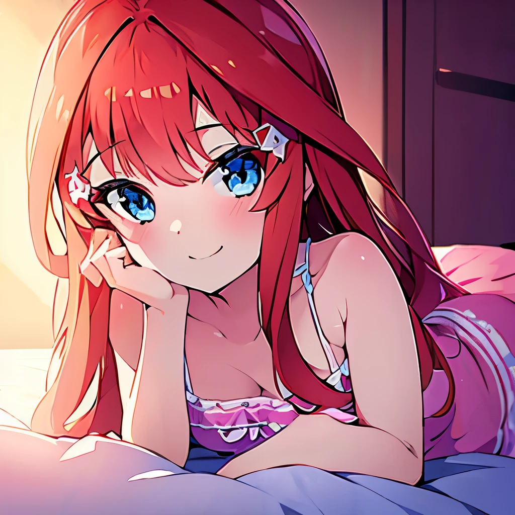 ((masterpiece)), ((best quality)), (ultra-detailed), anime style, on the bed, a cute girl, 1girl, solo, pajama00, ((beautiful eyes)), small breast, smile