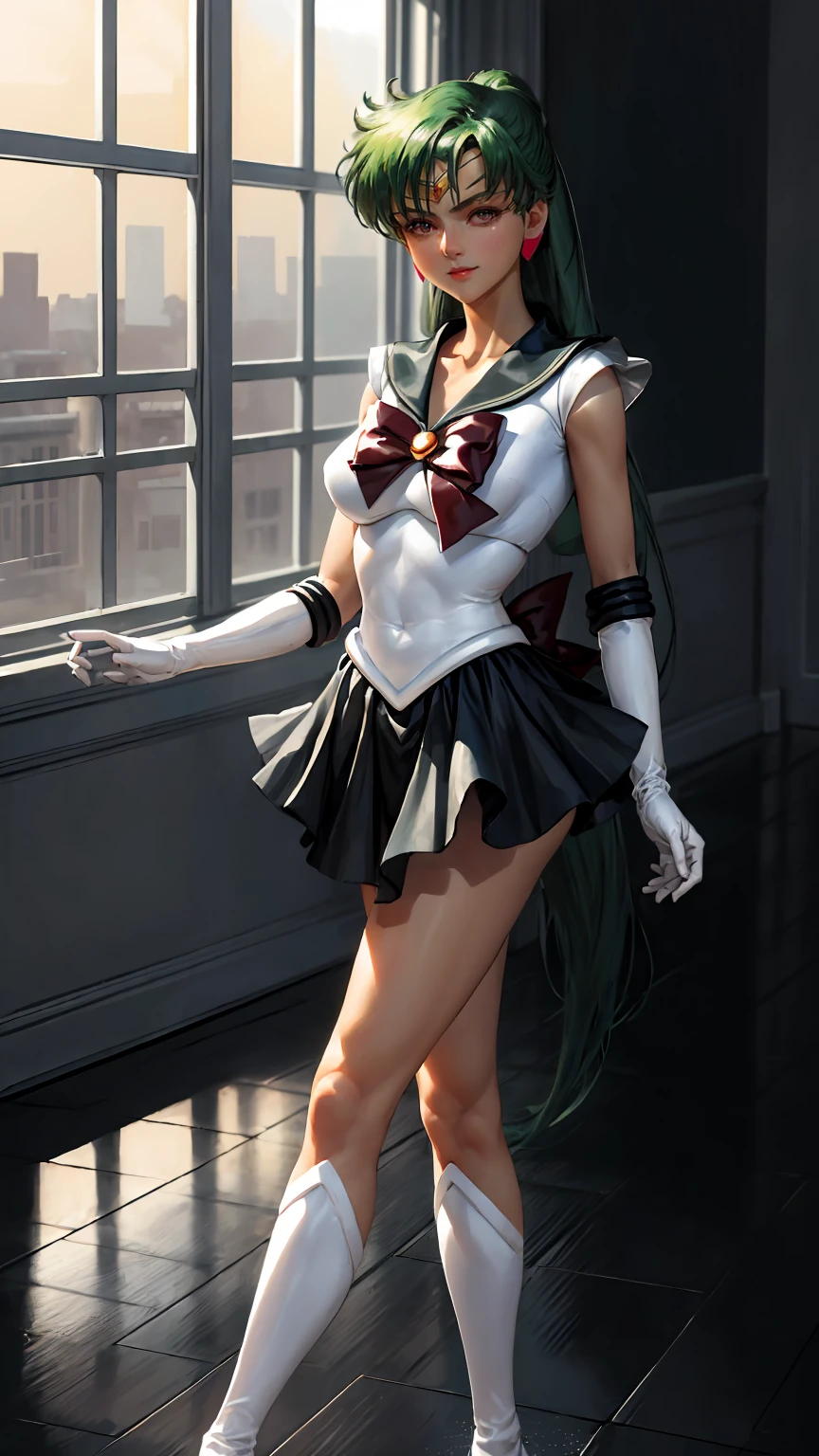 Masterpiece, Best Quality, High Resolution, 1girl, Solo, Ponytail, Green Hair, (Elbow Gloves), Headdress, dark red Bow, Tight Top, (Black Sailor Collar), White Gloves, Earrings, Smile, Pure Background, Clean Background, white Background, Black Skirt, (Sailor Pluto Uniform), (Sailor Pluto Uniform), Standing, walking, back, front, looking at the camera, dynamic poses. Leng Jun, White Top, Elbow Gloves, black boot, walking on the floor