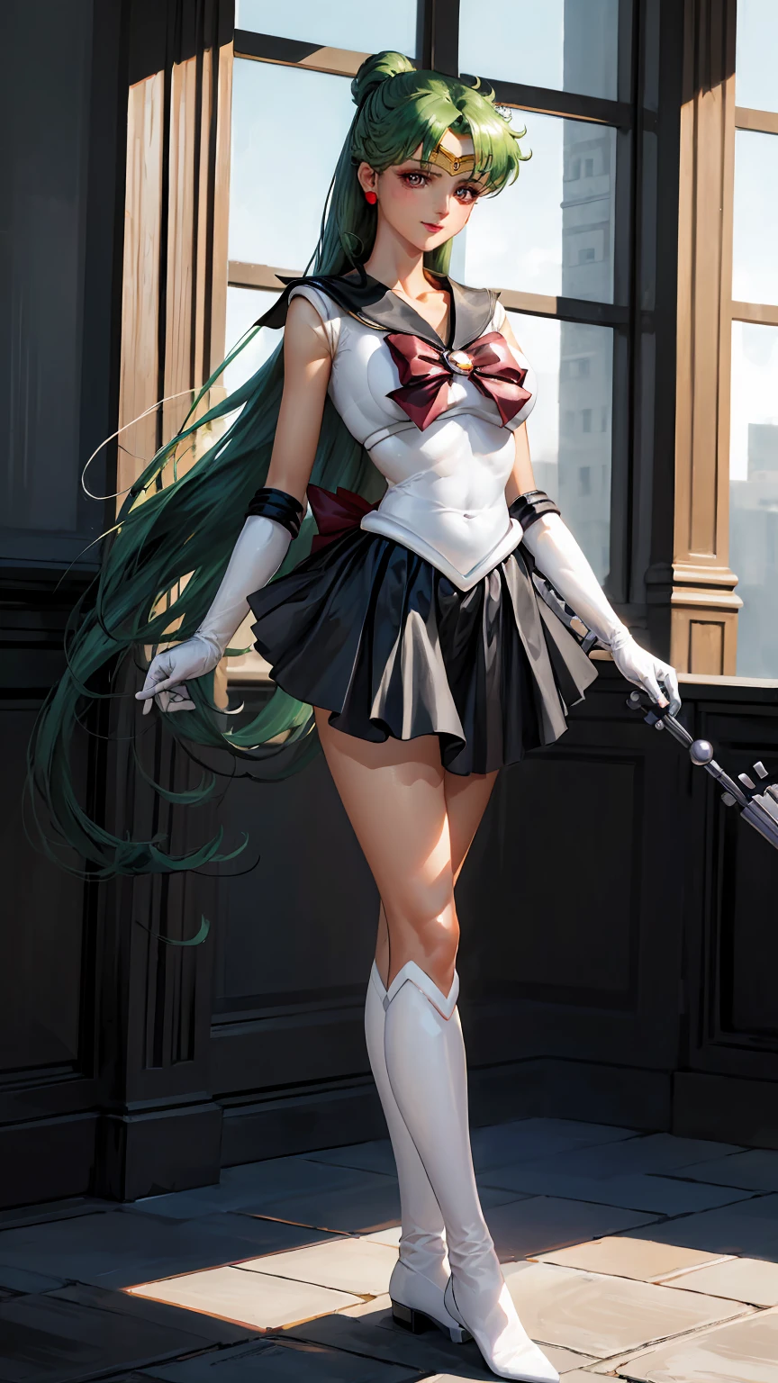 Masterpiece, Best Quality, High Resolution, 1girl, Solo, Ponytail, Green Hair, (Elbow Gloves), Headdress, dark red Bow, Tight Top, (Black Sailor Collar), White Gloves, Earrings, Smile, Pure Background, Clean Background, white Background, Black Skirt, (Sailor Pluto Uniform), (Sailor Pluto Uniform), Standing, walking, back, front, looking at the camera, dynamic poses. Leng Jun, White Top, Elbow Gloves, black boot, walking on the floor