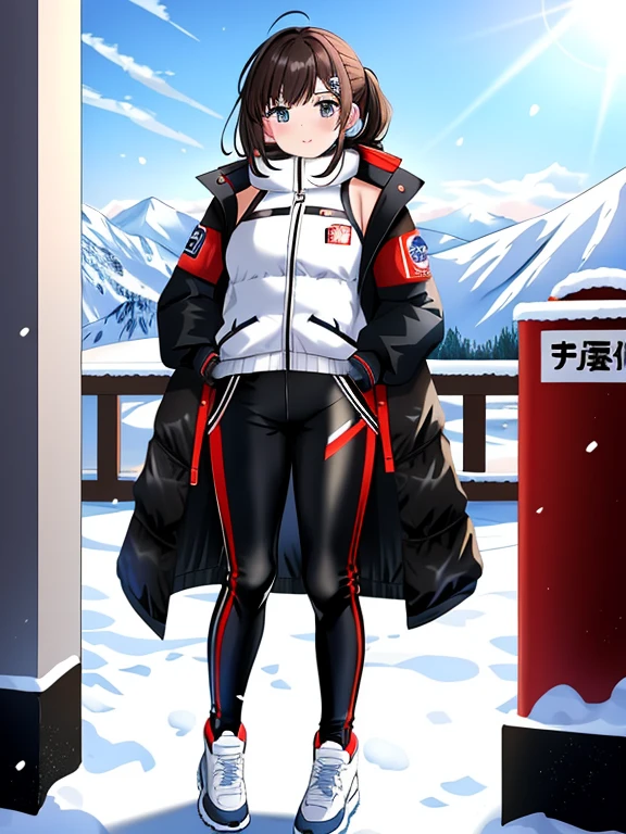 very detailed、masterpiece、(snow mountain background):1.3、a woman in a (white down vest at northface):1.4, white puffer vest and black pants posing for a picture, model is wearing techtical vest, sportswear, sportswear, かわいいsportswear, nanocarbon-vest, white!!, white coat, tech wear women pictures, 2 techwear women, catalog photo, stylish coat for rave, full body photo, future inflatable jacket, Miko, Kim Woo