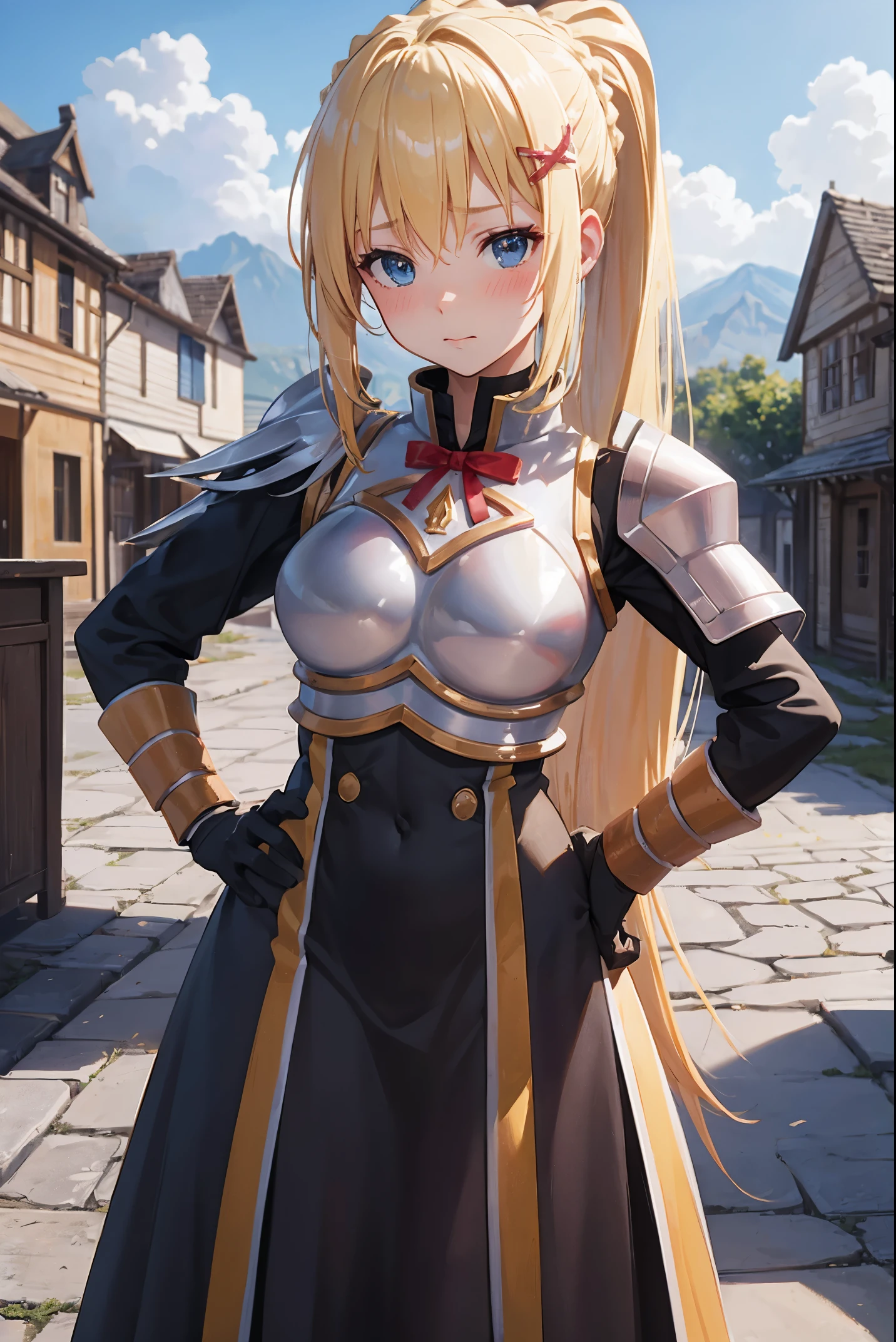 masterpiece, Highest image quality, ultra high resolution, blonde hair, long hair with pony tail, hair ornament, armor, knight, city background, medieval, village, old houses, hands on hips, facing the viewer, looking at the viewer, blushing, red face