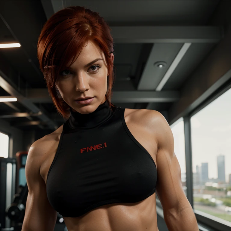 Red head femshep workout, muscles, up close