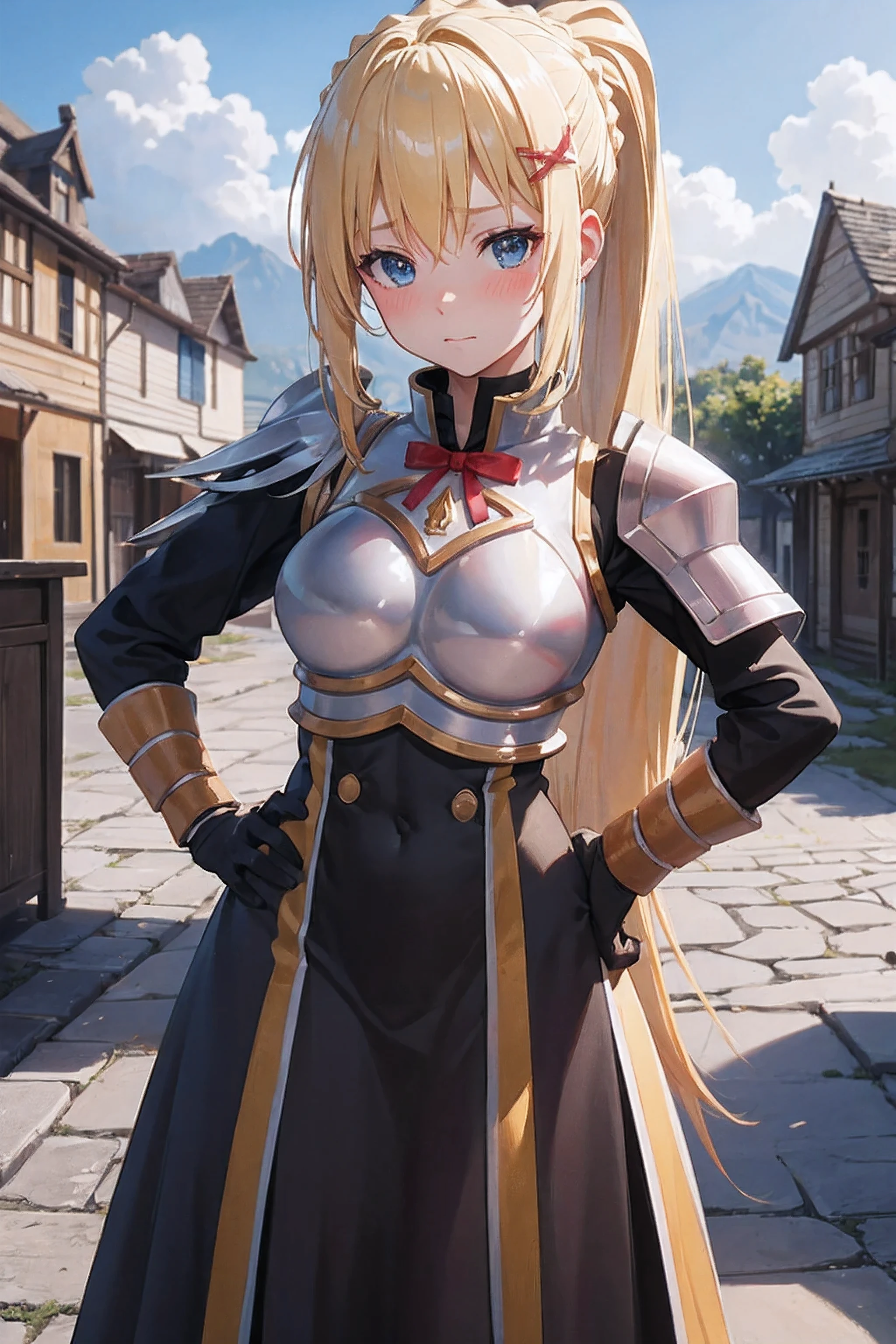 obra de arte, A mais alta qualidade de imagem, ultra high resolution, cabelo loiro, cabelo longo com rabo de cavalo, enfeite de cabelo, armaduras, cavaleiro, fundo da cidade, medieval, Vila, Casas antigas, hands on hips, de frente para o espectador, olhando para o espectador, Rubor, rosto vermelho