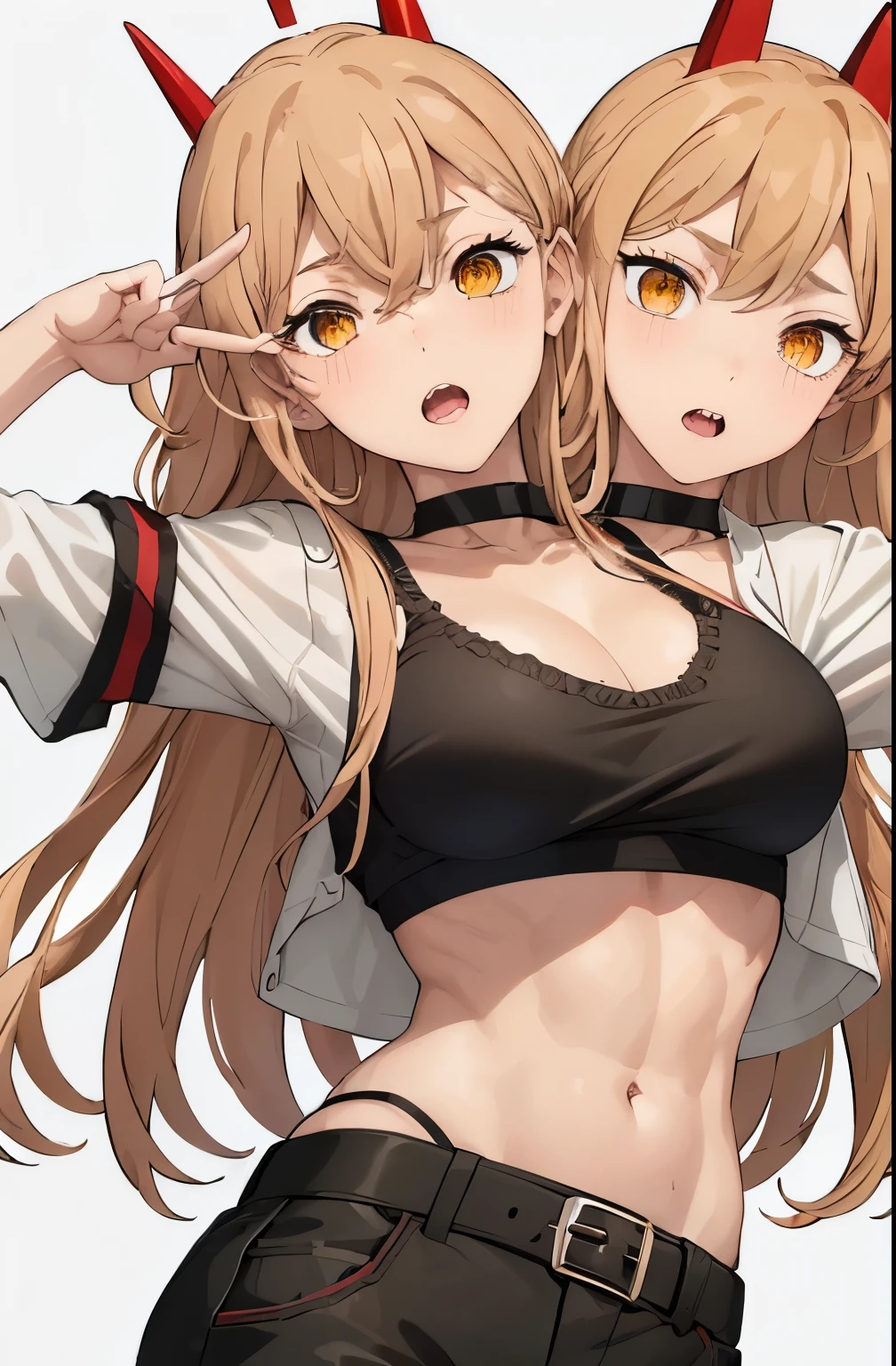 (best quality), (two_heads:1.4) (masterpiece), (solo), 1girl, blonde hair, yellow eyes, cross-shaped pupils, park background, symbol-shaped pupils, red horns, black sports bra, midriff, striped shirt, white pants, black belt, baseball cap, ((sadistic)), upper body