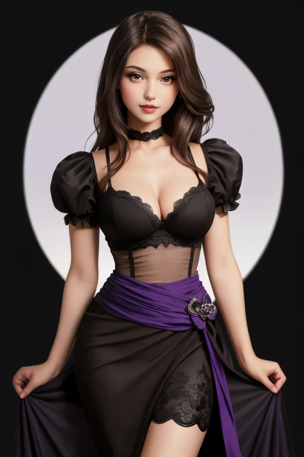 (best quality), (masterpiece), (hd), (transparent background), 1 american girl, dark brown hair, long hair, light brown eyes, wearing a black dress with purple details, fantasy dress, (big boobs), (focusing boobs), small waist, charming face and a sexy pose