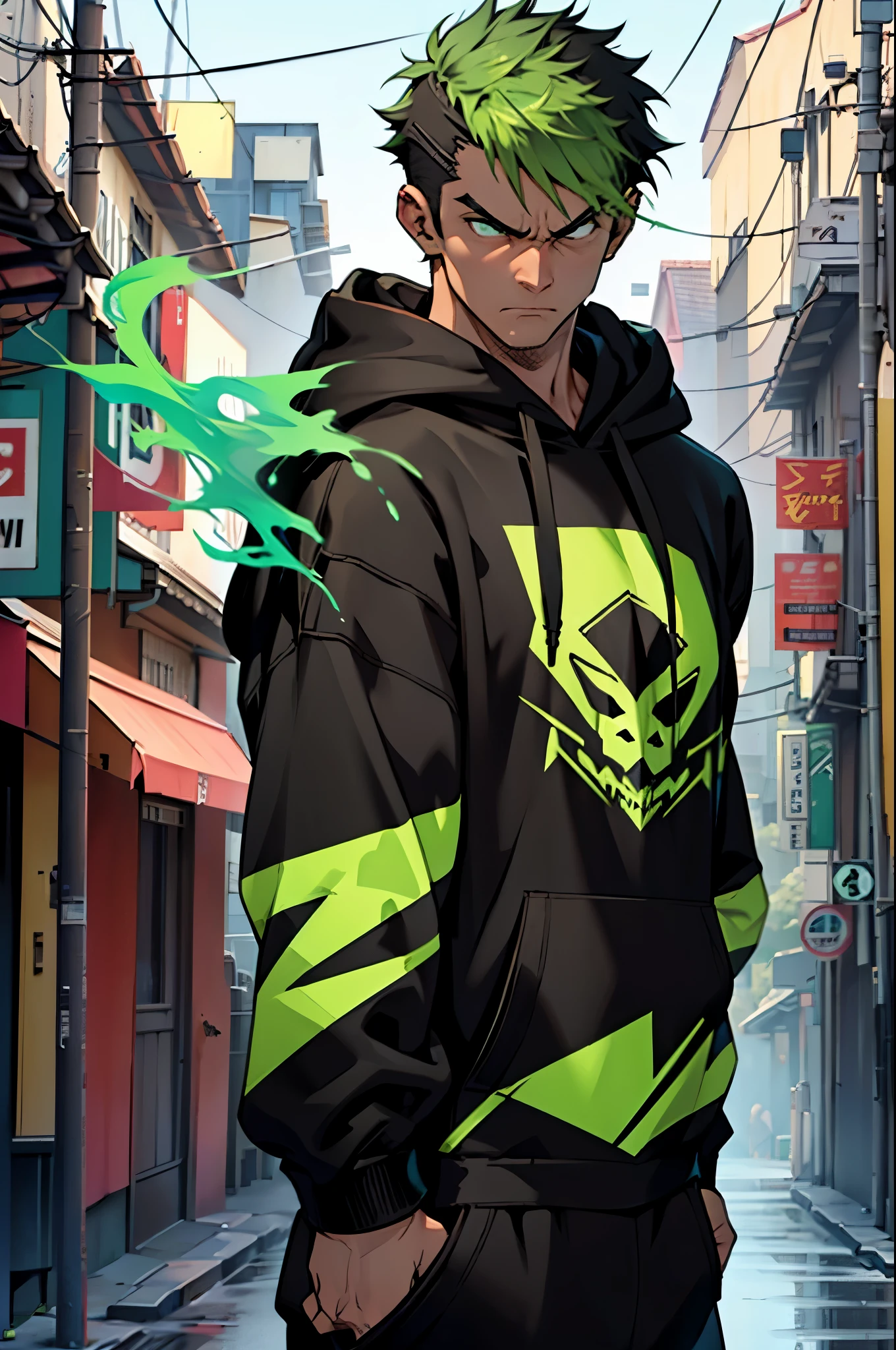 4k, Super Graphics, boy, solo, green hair, short hair, hair combed back, angry face, Frowning, Broad-shouldered, (black hoodie:1.4), (fume from mouth:1.4)