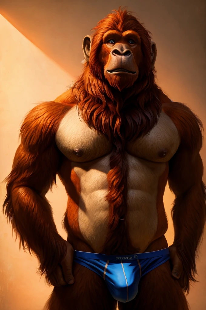 a solo male anthropomorphic Orangutan standing with its hands behind its back, wearing underwear, against a simple background, in a front view, in the art style of Thomas Benjamin Kennington, Bayard Wu, and buta99. (best quality,4k,8k,highres,masterpiece:1.2),ultra-detailed,(realistic,photorealistic,photo-realistic:1.37),portrait,studio lighting,sharp focus,vivid colors,bokeh, vibrant color scheme, illuminated by soft, natural light.
