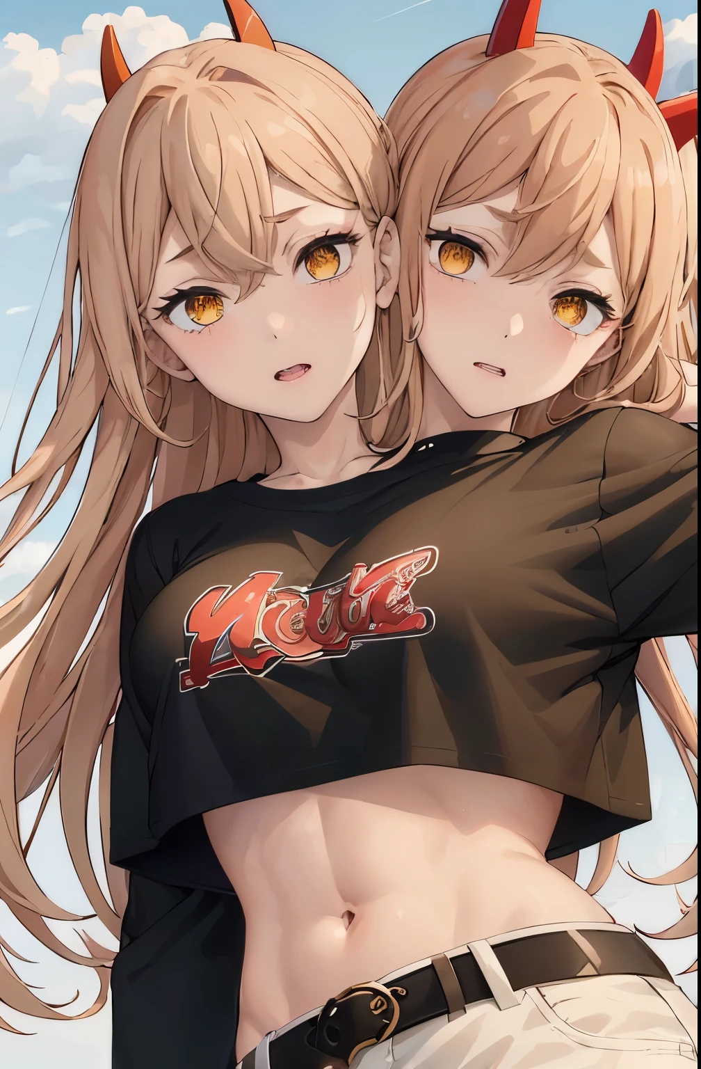 (best quality), (two_heads:1.4) (masterpiece), (solo), 1girl, blonde hair, yellow eyes, cross-shaped pupils, park background, symbol-shaped pupils, red horns, black sports bra, midriff, striped shirt, white pants, black belt, baseball cap, ((sadistic)), upper body