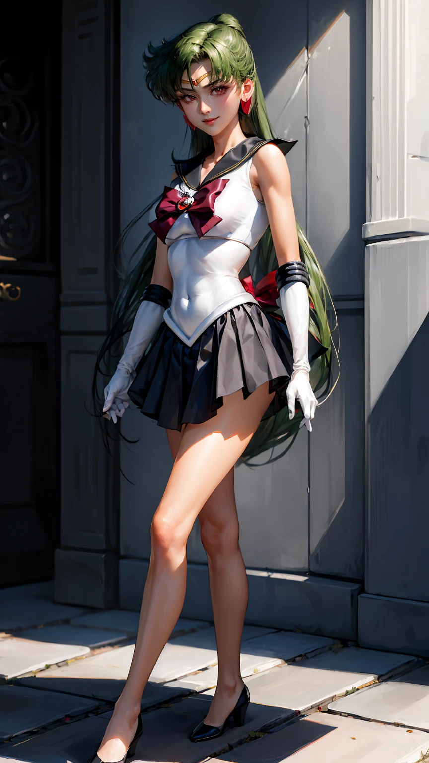 Masterpiece, Best Quality, High Resolution, 1girl, Solo, Ponytail, Green Hair, (Elbow Gloves), Headdress, dark red Bow, Tight Top, (Black Sailor Collar), White Gloves, Earrings, Smile, Pure Background, Clean Background, white Background, Black Skirt, (Sailor Pluto Uniform), (Sailor Pluto Uniform), Standing, walking, back, front, looking at the camera, dynamic poses. Leng Jun, White Top, Elbow Gloves, black boot, walking on the floor