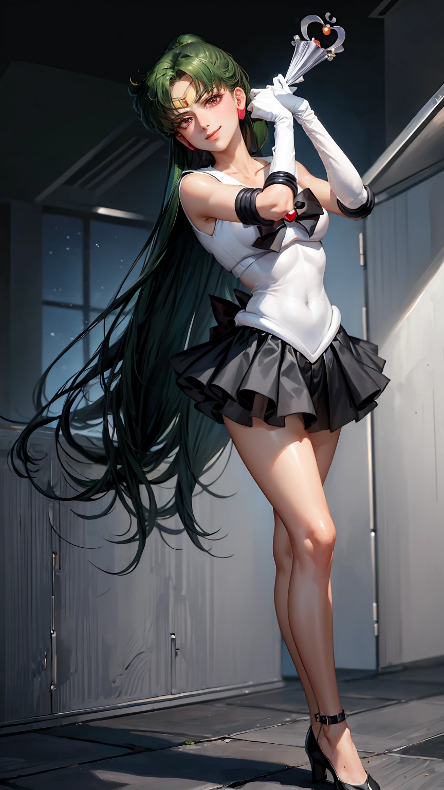 Masterpiece, Best Quality, High Resolution, 1girl, Solo, Ponytail, Green Hair, (Elbow Gloves), Headdress, dark red Bow, Tight Top, (Black Sailor Collar), White Gloves, Earrings, Smile, Pure Background, Clean Background, white Background, Black Skirt, (Sailor Pluto Uniform), (Sailor Pluto Uniform), Standing, walking, back, front, looking at the camera, dynamic poses. Leng Jun, White Top, Elbow Gloves, black boot, walking on the floor