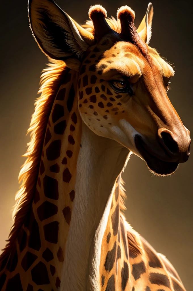 a solo male anthropomorphic Giraffe standing with its hands behind its back, wearing underwear, against a simple background, in a front view, in the art style of Thomas Benjamin Kennington, Bayard Wu, and buta99. (best quality,4k,8k,highres,masterpiece:1.2),ultra-detailed,(realistic,photorealistic,photo-realistic:1.37),portrait,studio lighting,sharp focus,vivid colors,bokeh, vibrant color scheme, illuminated by soft, natural light.