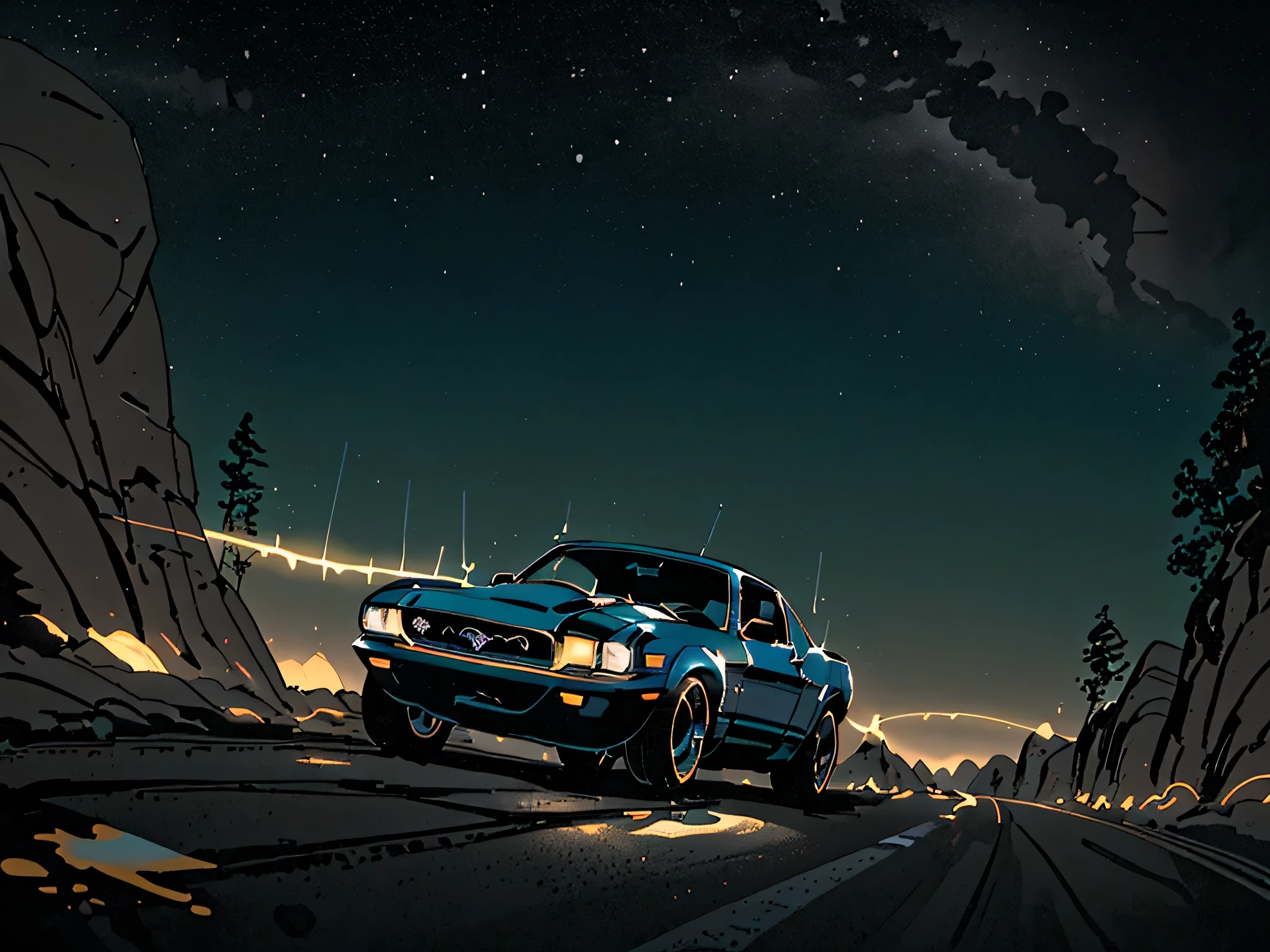 Visualize uma cena noturna em uma rodovia deserta, onde um carro mustang azul se distancia, envolto pelas sombras da noite. O caminho se estende pela frente, illuminated only by the vehicle'headlights, that leave traces of light in the darkness. The atmosphere is one of solitude, with the silent road and the horizon lost in darkness. Capture the feeling of solitude and mystery as the car ventures through the deserted night.