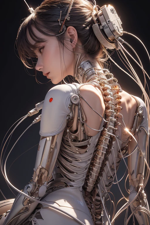 (((masterpiece))), ((best quality)), (ultra-detailed), (CG illustration), (an extremely devious and beautiful)), cinematic light, ((1 mechanical girl)), single, (machine-made joints: 1.4), ((mechanical limbs)), ( blood vessels attached to the tube), ((mechanical spine attached to the back)), ((mechanical cervical vertebrae attached to the neck), ((back to the viewer)), expressionless, (wires and cables attached to the head and body: 1.5), science fiction, apocalypse, ruins