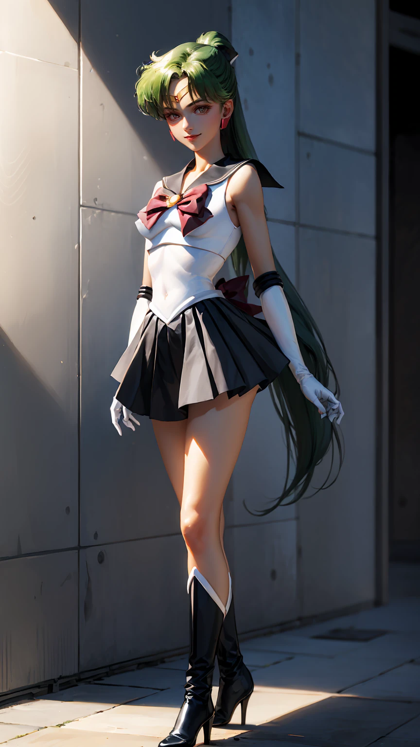 Masterpiece, Best Quality, High Resolution, 1girl, Solo, Ponytail, Green Hair, (Elbow Gloves), Headdress, dark red Bow, Tight Top, (Black Sailor Collar), White Gloves, Earrings, Smile,  white Background, Black Skirt, (Sailor Pluto Uniform), (Sailor Pluto Uniform), Standing, walking, back, front, looking at the camera, dynamic poses. Leng Jun, White Top, Elbow Gloves, black boot, walking on the floor