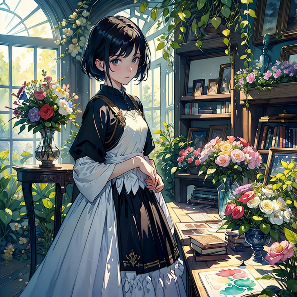 ((Watercolor by singer Sargent))、(highest quality、masterpiece)、1 girl、、wonderful、short black hair、black eye、small breasts、uniform、long skirt、library、Book、flower shop、Bookを読む、table、Floral、window、Foliage plant、 wood,soft light、