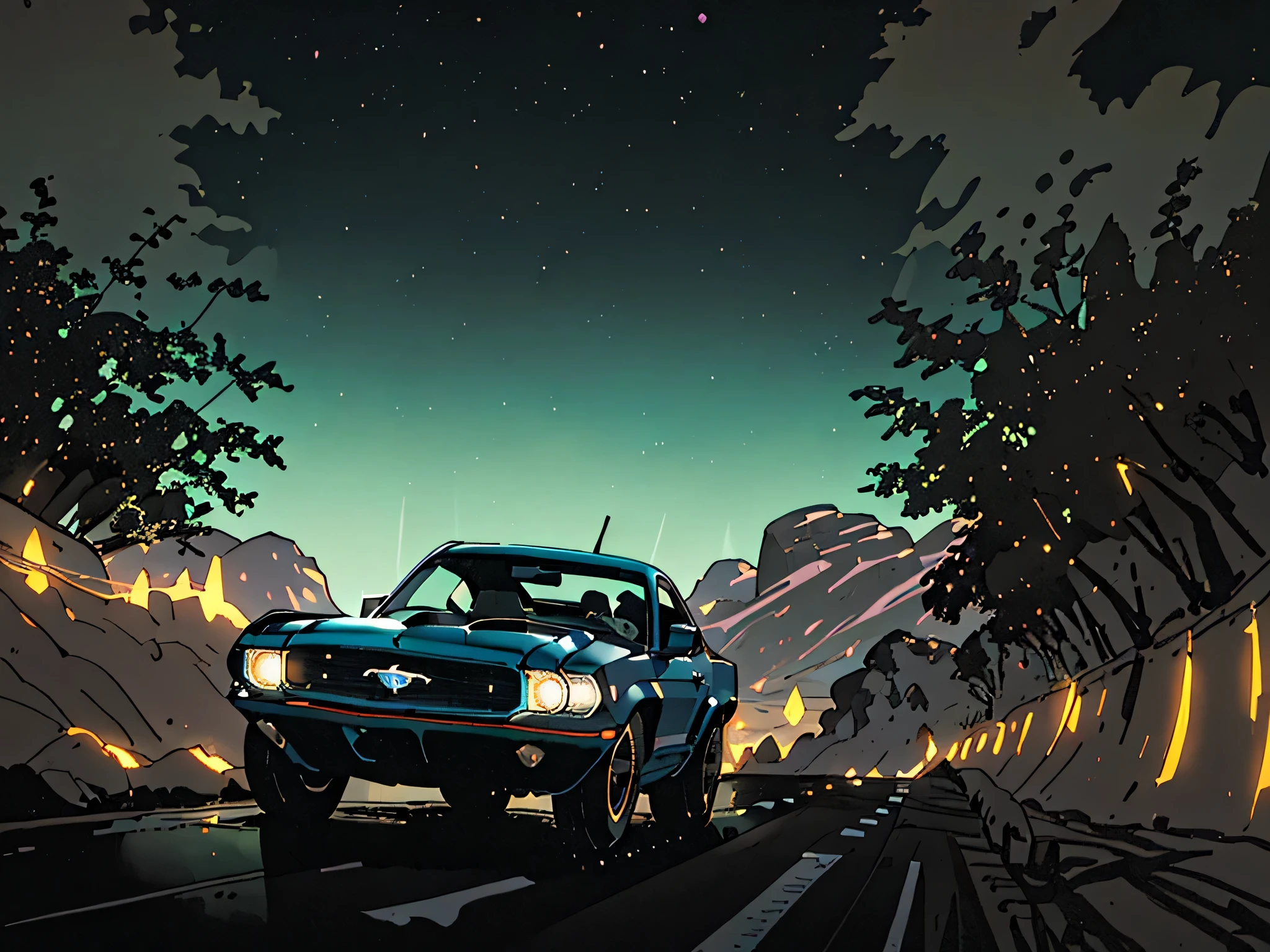 Visualize uma cena noturna em uma rodovia deserta, onde um carro ford mustang azul se distancia, envolto pelas sombras da noite. O caminho se estende pela frente, illuminated only by the vehicle'headlights, that leave traces of light in the darkness. The atmosphere is one of solitude, with the silent road and the horizon lost in darkness. Capture the feeling of solitude and mystery as the car ventures through the deserted night.