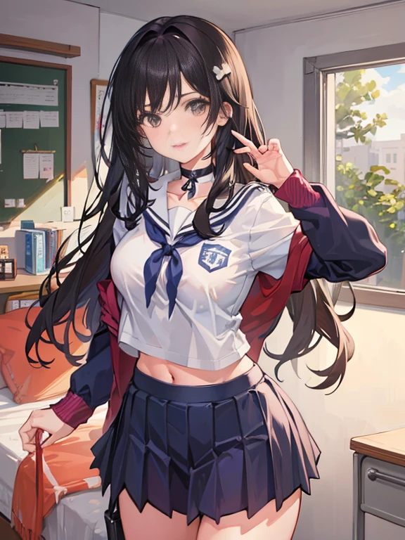 1 girl,,abdomen,
indoors,Bedroom,Are standing,cowboy shot, ((School_uniform)),choker