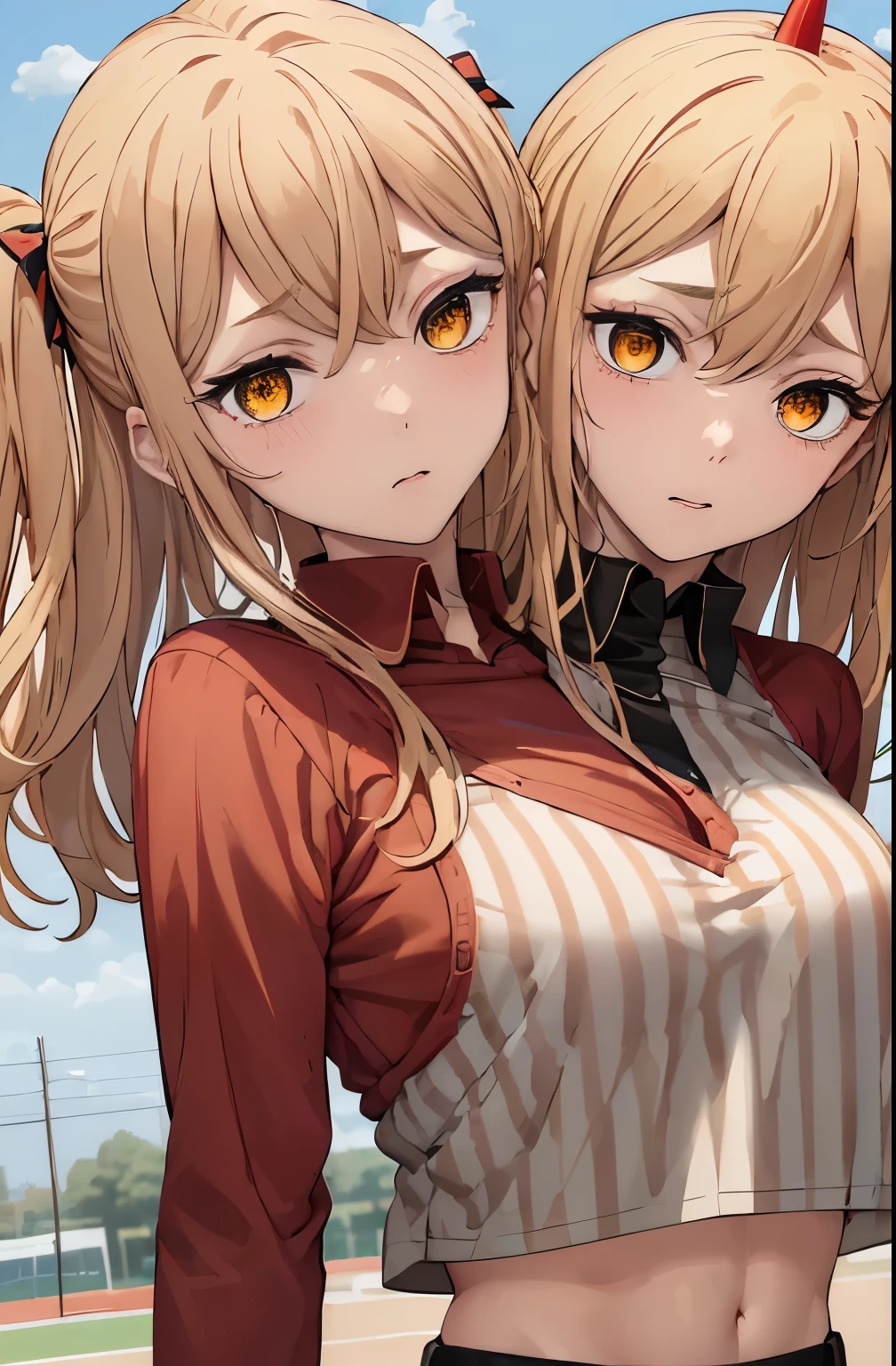 (best quality), (two_heads:1.4) (masterpiece), (solo), 1girl, blonde hair, yellow eyes, cross-shaped pupils, park background, symbol-shaped pupils, red horns, black sports bra, midriff, striped shirt, white pants, black belt, baseball cap, ((sadistic)), upper body