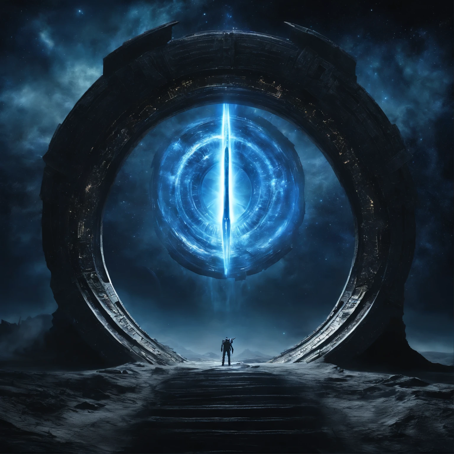 super detailed image of (((the giant stargate ring in the deep space))), ((the entire space inside the stargate is filled with streams of blue plasma flowing from the ring to the center):1.5), ((a flying saucer opposite the stargate is preparing to pass through it):1.3), (lightnings runs across the surface of the stargate), a planet very far in the space on background, Milky Way, space, stars, (Best Quality, 16K, Masterpiece, UHD, Ultra quality cinematic lighting, Huge detail, Well lit, sharp, hyper realistic, epic scale, insane level of details)