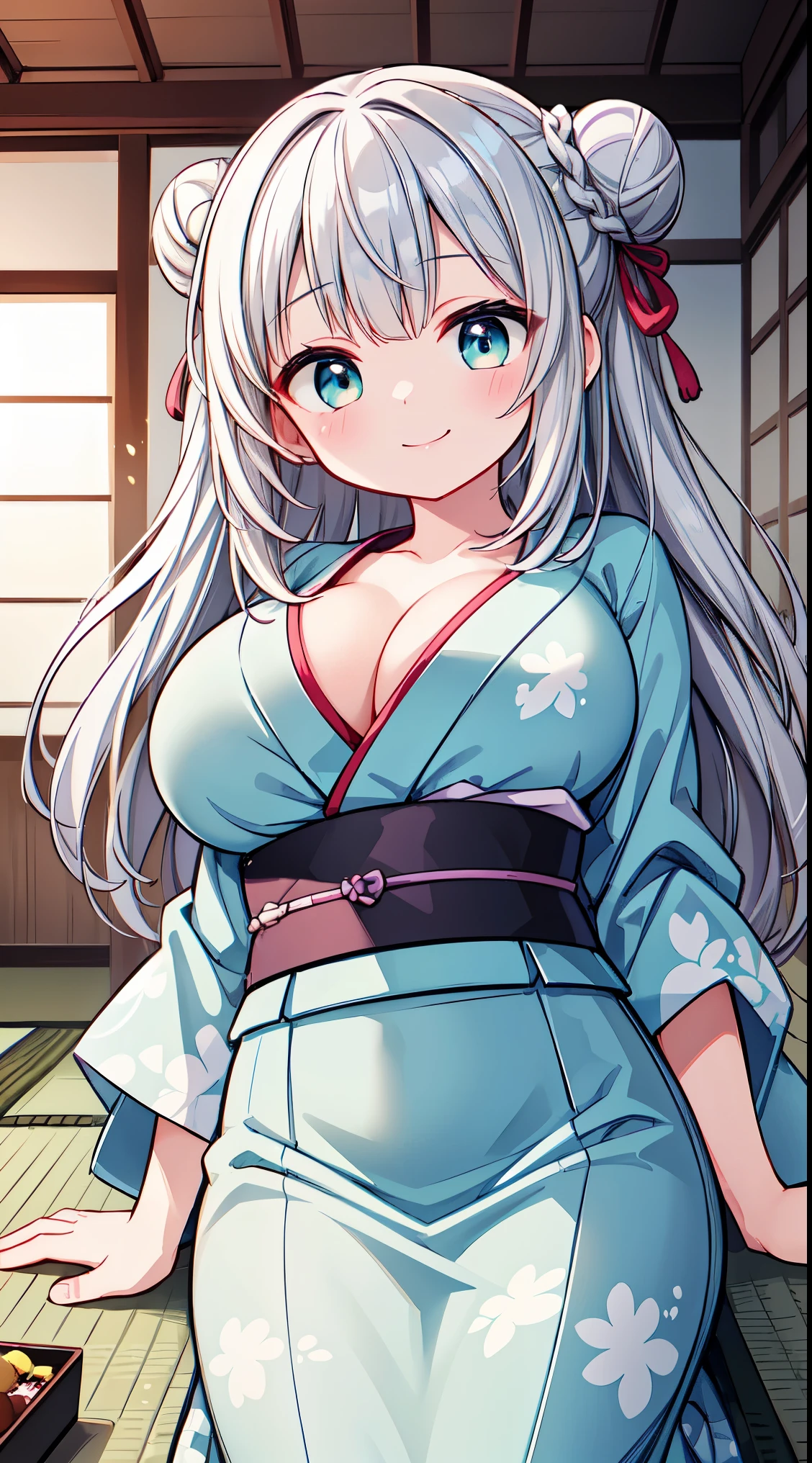 ultra-detailed, high resolution,(incredibly absurdness) ,extremely detailed CG unity 8k wallpaper, ((masterpiece)), ((top-quality)), 
BREAK, 1 beautiful girl, ( girl), Very detailed, colourfull, highest details, BREAK , 1girl in, (Cute:1.5),(Cool:0.8), (Beauty:1.5),(Chibi:0.5), (17 years oldl, Older sister, Unclear, Beautiful face of Japan:1.2) BREAK, (A detailed eye,Tsuriformes:1.2),(Silver hair,Long hair in a bun,Deco:1.8),(huge breasts:1.35),star eye ste, (long eyelashes, Double eyelids:1.2), cleavage, ,Swaying udder, Cleareautiful skin, Shy, Erect ,Clear skin, Beautiful skin, Shy,ming skin,(best quality face),(Top quality glowing eyes),(The best smile,Doya face:1.45),  BREAK,
sitting, seiza, (green tea:1.2), (chasen, chado, sado, yunomi, chaki:1.3),centered, looking at viewer, hands on stomach
BREAK japanese clothes, kimono, flower printed kimono, long skirt
BREAK japanese room, tatami, shou BREAK,wakame,wakame,wakame,(Cowboy Shot:1.4),

BREAK,(Blurry background:1.3),(absurderes, hight resolution, Super Detail Art),cel shading,Clear Color, Lonely optical effect, Beautiful pictures, Bglow, mystic atmosphere,(Close-up of girl:1.1), Mystical light particle effect,manga influence, clean line drawings,