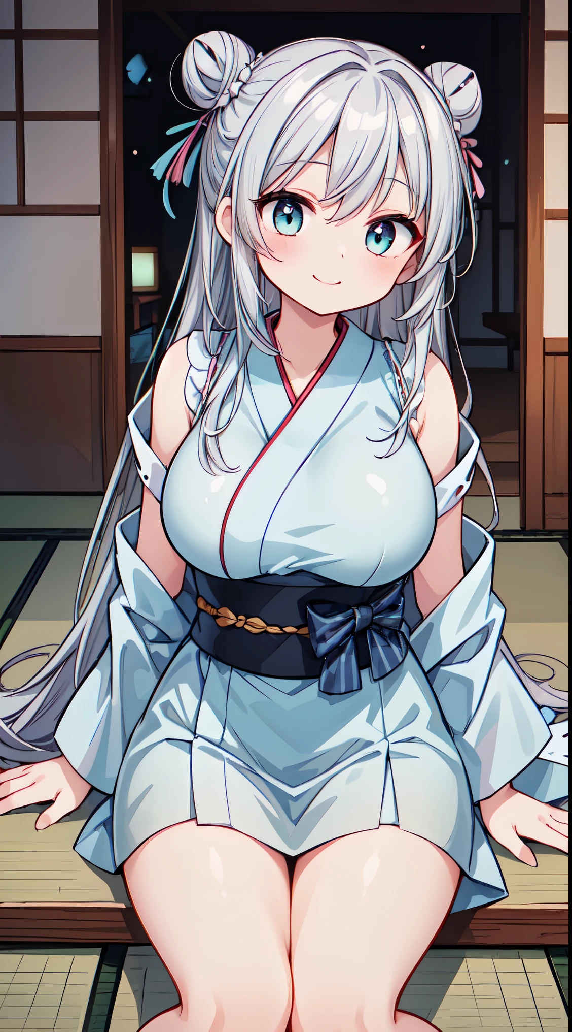 ultra-detailed, high resolution,(incredibly absurdness) ,extremely detailed CG unity 8k wallpaper, ((masterpiece)), ((top-quality)),
BREAK, 1 beautiful girl, ( girl), Very detailed, colourfull, highest details, BREAK , 1girl in, (Cute:1.5),(Cool:0.8), (Beauty:1.5),(Chibi:0.5), (17 years oldl, Older sister, Unclear, Beautiful face of Japan:1.2) BREAK, (A detailed eye,Tsuriformes:1.2),(Silver hair,Long hair in a bun,Deco:1.8),(huge breasts:1.35),star eye silhouette, (long eyelashes, Double eyelids:1.2), cleavage, ,Swaying udder, Clear skin, Beautiful skin, Shy, Erect ,Clear skin, Beautiful skin, Shy, gleaming skin,(best quality face),(Top quality glowing eyes),(The best smile,Doya face:1.45), BREAK,
sitting, seiza, (green tea:1.2), (chasen, chado, sado, yunomi, chaki:1.3),centered, looking at viewer, hands on stomach
BREAK japanese clothes, kimono, flower printed kimono, long skirt
BREAK japanese room, tatami, shou BREAK,wakame,wakame,wakame,(Cowboy Shot:1.4),
BREAK,(Blurry background:1.3),(absurderes, hight resolution, Super Detail Art),cel shading,Clear Color, Lonely optical effect, Beautiful pictures, Bright glow, mystic atmosphere,(Close-up of girl:1.1), Mystical light particle effect,manga influence, clean line drawings,