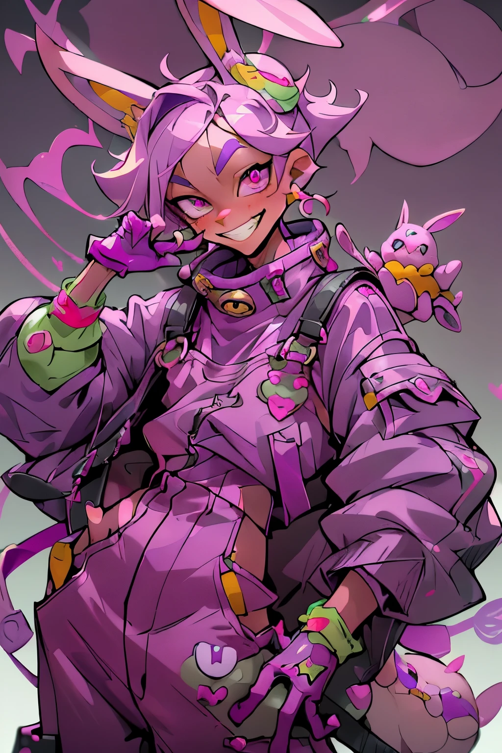kpop boy wearing a soft purple turtle neck outfit, with a pink fuchsia-colored overalls , yellow gloves, smile with teeth, purple rabbit ear, smirk rizz face, attractive pose cannot be ressist
