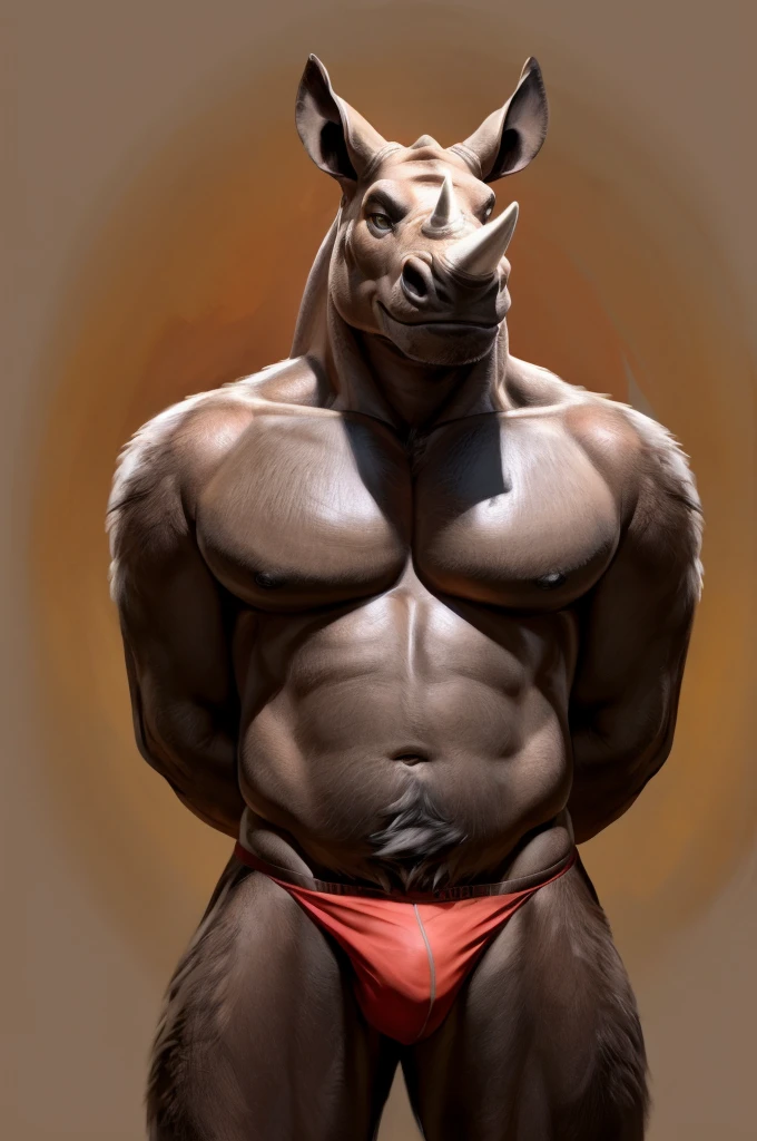 solo,furry,anthro,Parrot,male,e621,standing,hands behind back,wearing underwear,simple background,front view,by bebebebebe,by buta99,by inu-sama,by chunie,(best quality,4k,8k,highres,masterpiece:1.2),ultra-detailed,(realistic,photorealistic,photo-realistic:1.37),medium:oil painting,vivid colors,soft lighting,texture,sharp focus,lush fur,digital art,anthropomorphic,rhino horn,striking pose,expressive eyes,fine details