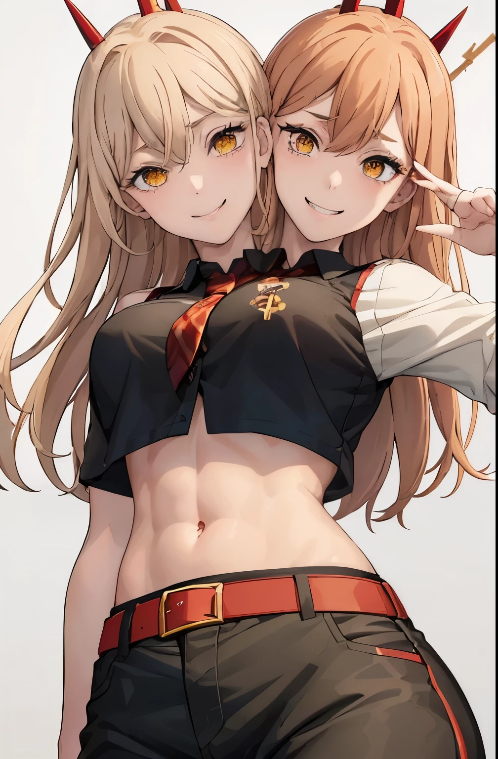(best quality), (two_heads:1.4) (masterpiece), (solo), 1girl, blonde hair, yellow eyes, cross-shaped pupils, park background, symbol-shaped pupils, red horns, black sports bra, midriff, striped shirt, white pants, red belt, baseball cap, ((sadistic smile)), upper body