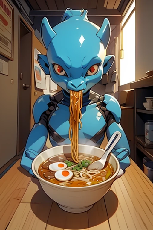 4K, high quality, Humanoid alien eating ramen, perspective