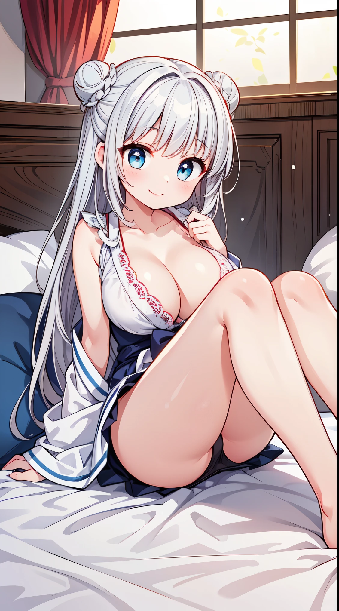 (masterpiece, top quality, best quality, official art, beautiful and aesthetic:1.2),ultra-detailed,intricate details,amazing illustration,award-winning art,atmospheric,
BREAK 1 beautiful girl, ( girl), Very detailed, colourfull, highest details, BREAK , 1girl in, (Cute:1.5),(Cool:0.8), (Beauty:1.5),(Chibi:0.5), (17 years oldl, Older sister, Unclear, Beautiful face of Japan:1.2) BREAK, (A detailed eye,Tsuriformes:1.2),(Silver hair,Long hair in a bun,Deco:1.8),(huge breasts:1.35),star eye silhouette, (long eyelashes, Double eyelids:1.2), cleavage, ,Swaying udder, Clear skin, Beautiful skin, Shy, Erect ,Clear skin, Beautiful skin, Shy, gleaming skin,(best quality face),(Top quality glowing eyes),(The best smile,Doya face:1.45),
BREAK,arms below breasts,
BREAKpajamas, solo, chibi, beautiful detailed eyes, sitting on the floor next to the bed, (((surprised))), child's room, bedroom, ((splead legs)), winter morning, window, blanket, panty,
BREAK,wakame,wakame,wakame,(dynamic pose,dynamic angle:1.4), from below,
BREAK,(Blurry background:1.3),(absurderes, hight resolution, Super Detail Art),cel shading,Clear Color, Lonely optical effect, Beautiful pictures, Bright glow, mystic atmosphere,(Close-up of girl:1.1), Mystical light particle effect,manga influence, clean line drawings,